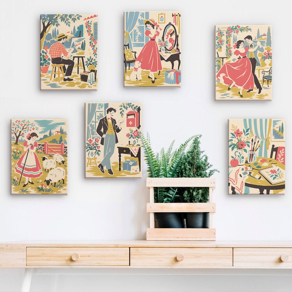 Countryside Romance mini paintings displayed on a wall
