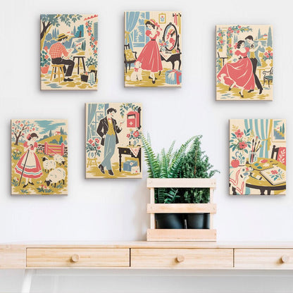 Countryside Romance mini paintings displayed on a wall