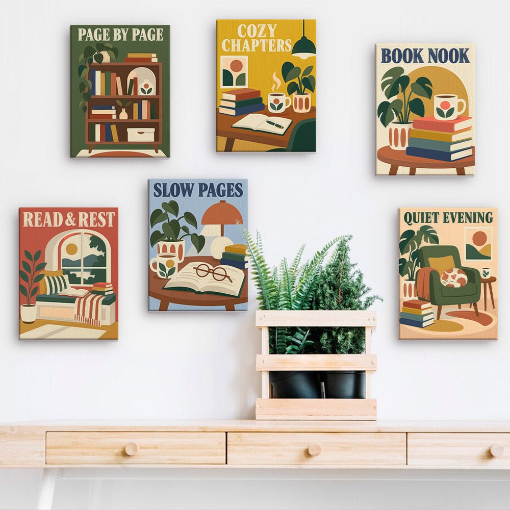 Cozy Chapters mini paintings displayed on a wall