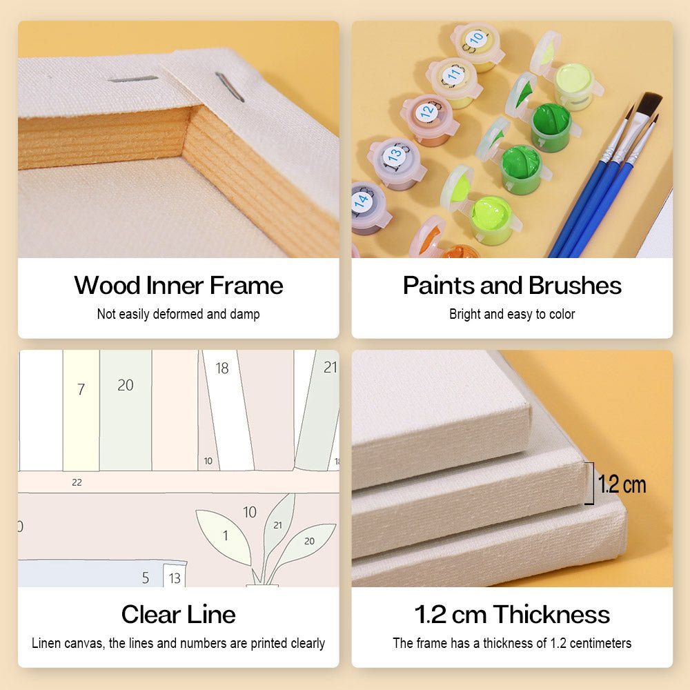 Wood inner frame, paints and brushes, clear lines, 1.2 cm thickness
