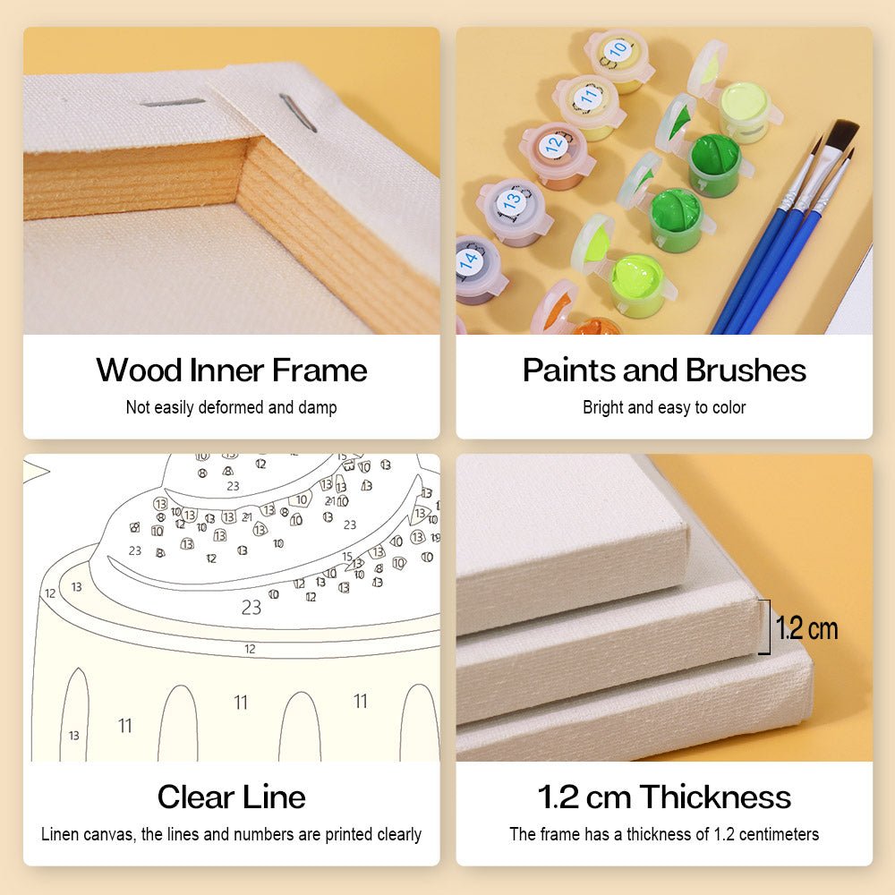 Wood inner frame, paints and brushes, clear lines, 1.2 cm thickness