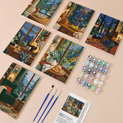 Everything in the Cozy Window Nooks mini painting kit