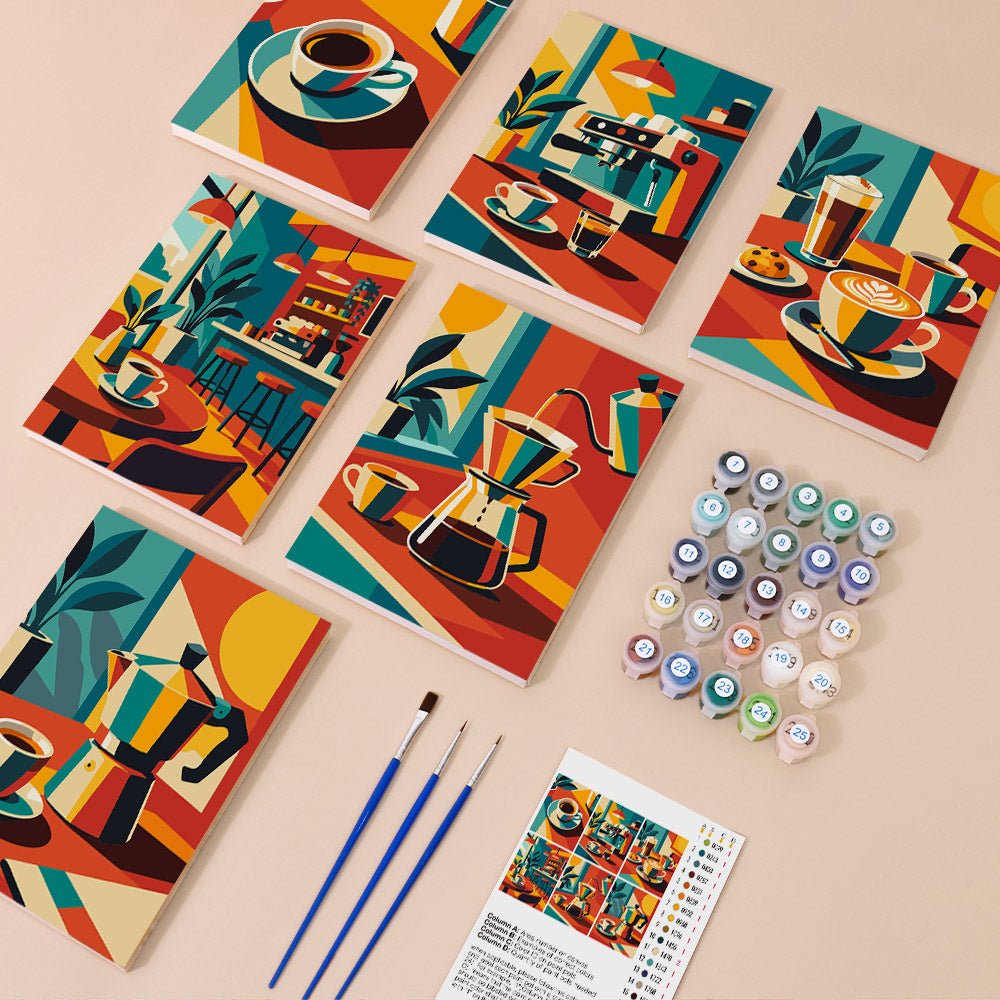 Everything in the Cubist Coffee mini painting kit