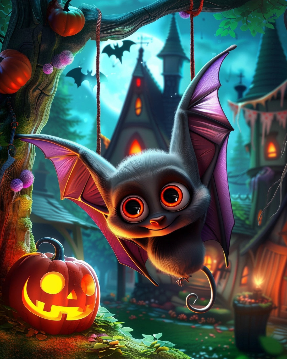 Cute Bat and Pumpkin Scene - Halloween - Judy Paint