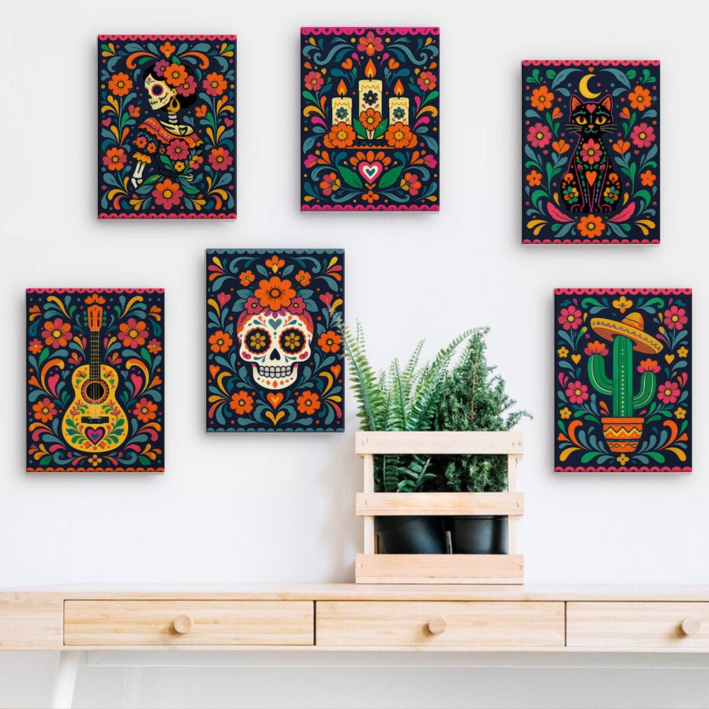 Day of the Dead mini paintings displayed on a wall