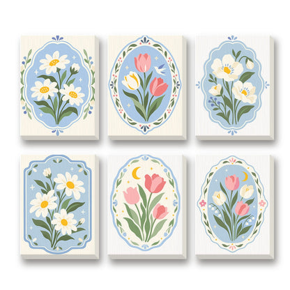 Delft Blue Florals – set of 6 mini paint by numbers canvases