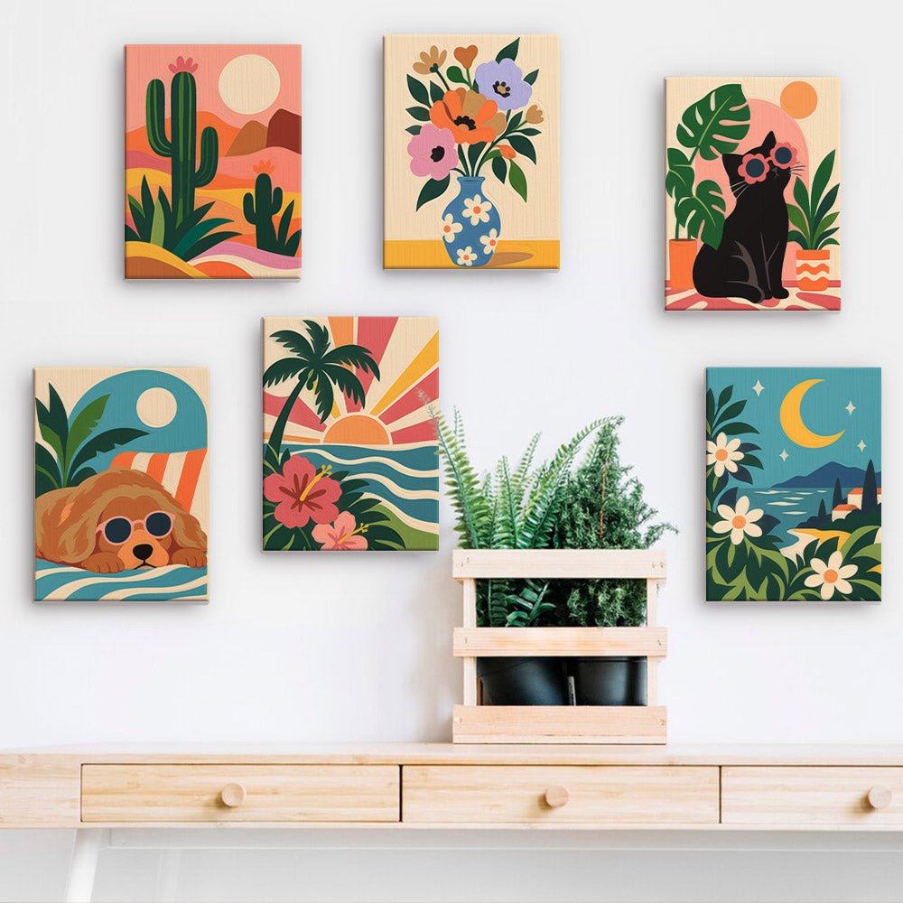 Desert Cat Dreams mini paintings displayed on a wall