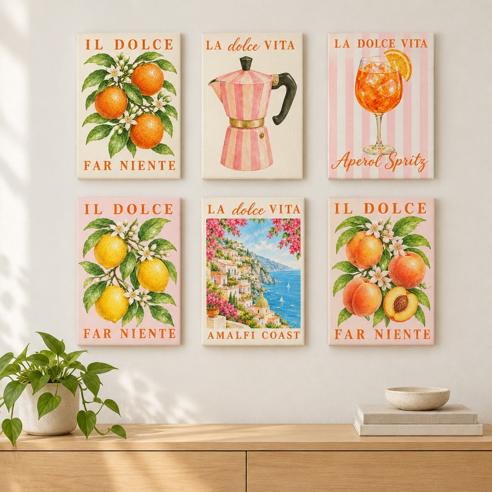 Dolce Vita Summer mini paintings displayed on a wall