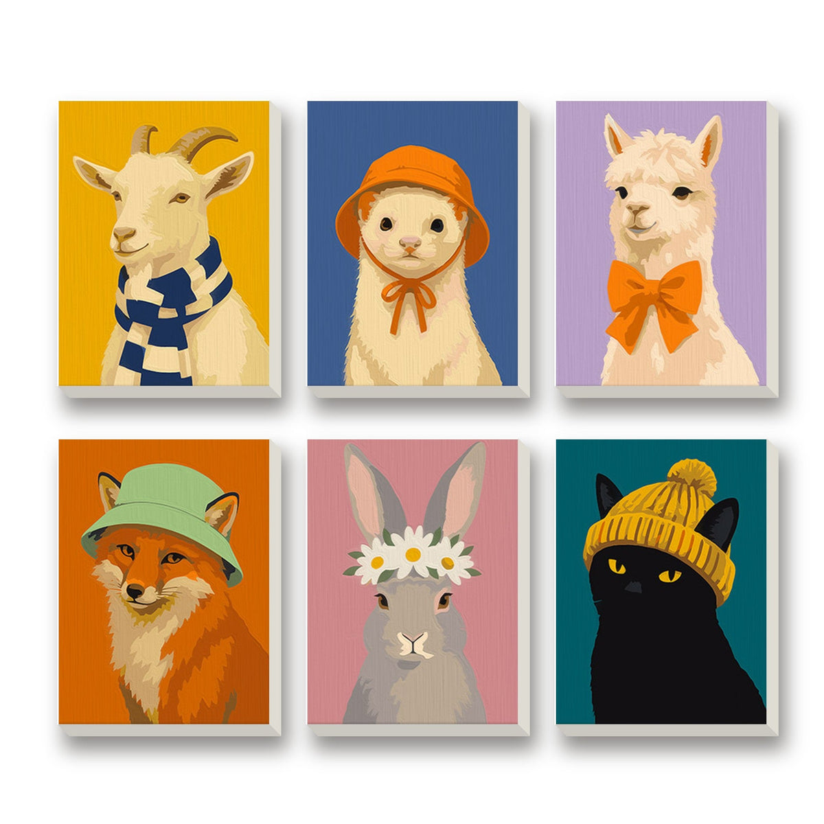Dressed-Up Animals – set of 6 mini paint by numbers canvases