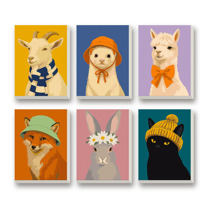 Dressed-Up Animals – set of 6 mini paint by numbers canvases