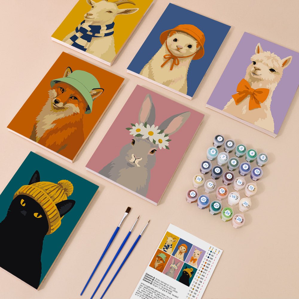 Everything in the Dressed-Up Animals mini painting kit