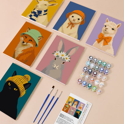 Everything in the Dressed-Up Animals mini painting kit