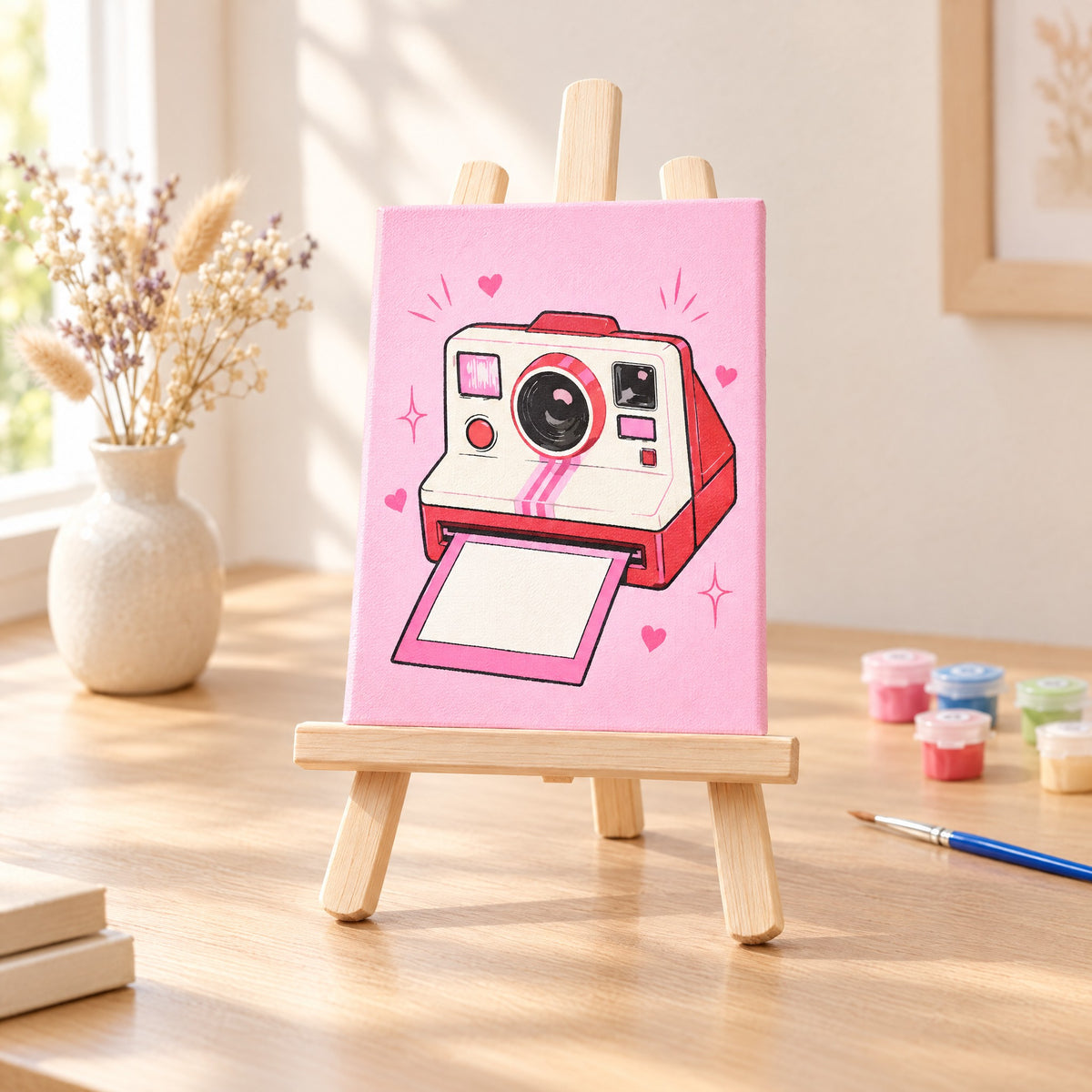 Wooden tabletop easel displaying a finished mini painting on a desk