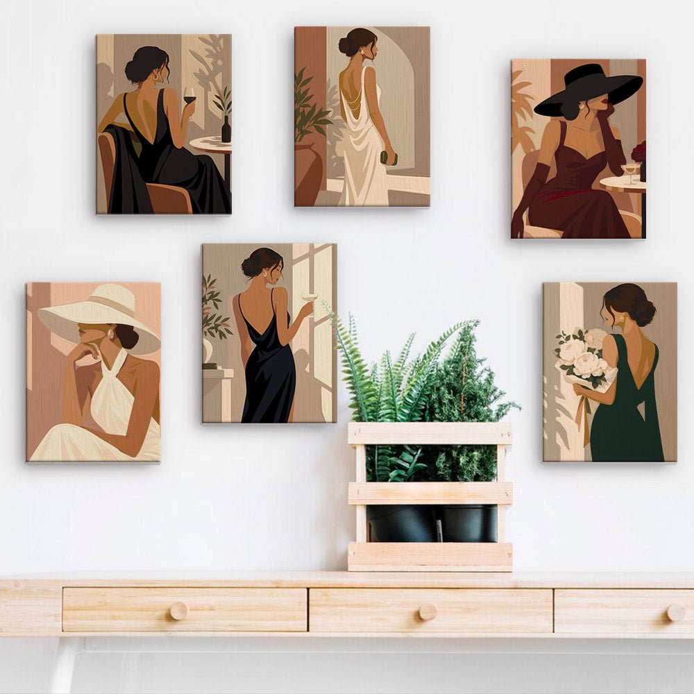 Evening Elegance mini paintings displayed on a wall