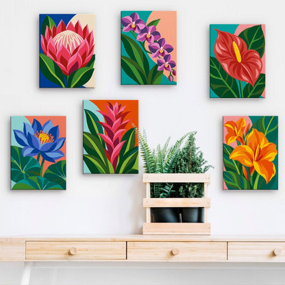 Exotic Blooms mini paintings displayed on a wall