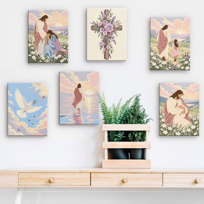 Faith and Grace mini paintings displayed on a wall