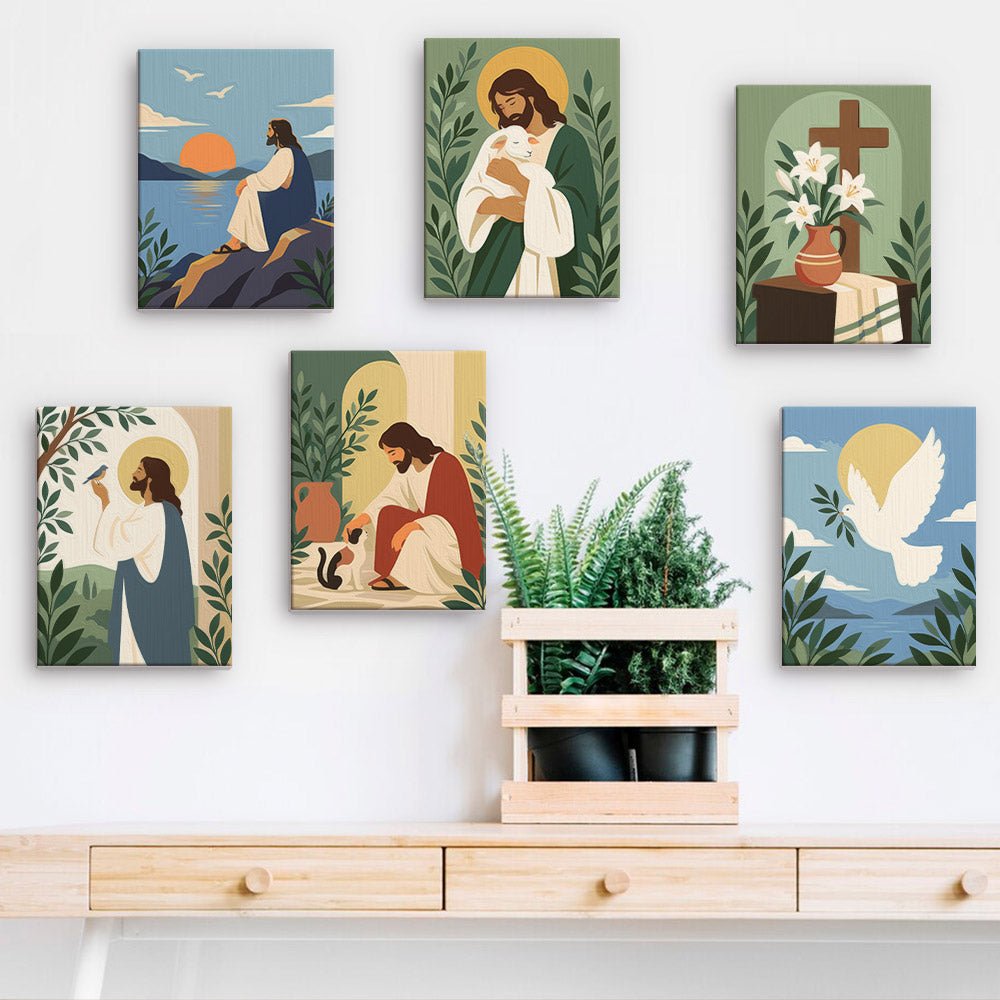Faithful Moments mini paintings displayed on a wall