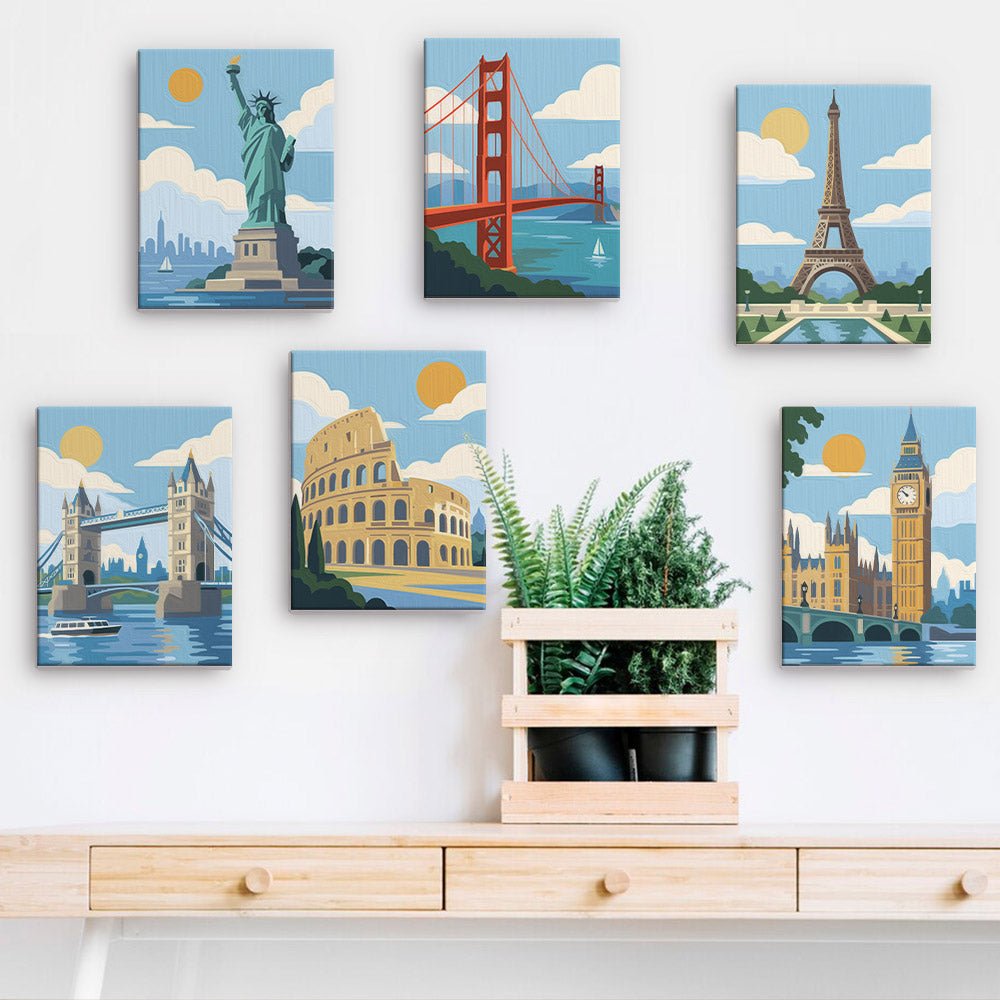 Famous Landmarks mini paintings displayed on a wall