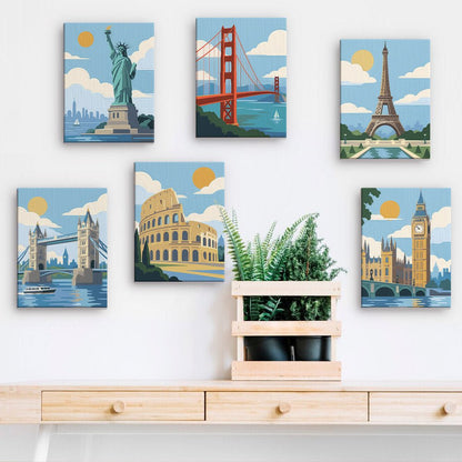 Famous Landmarks mini paintings displayed on a wall