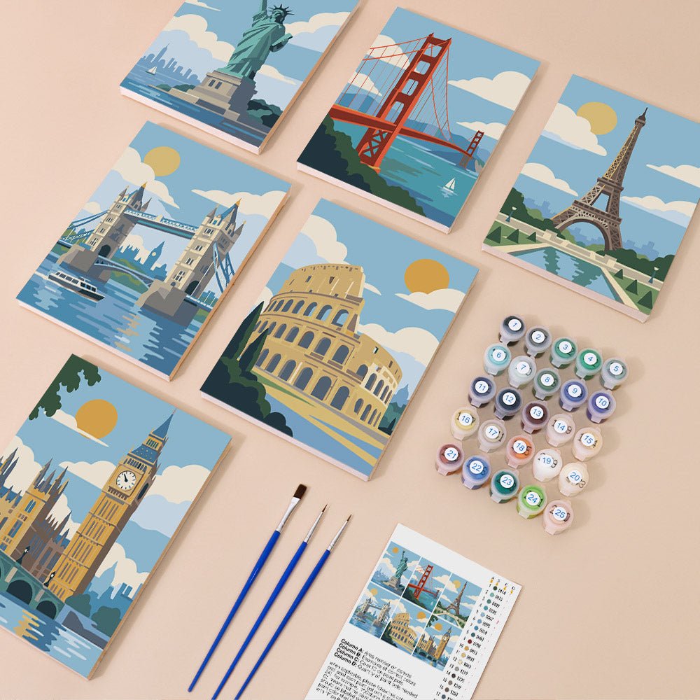 Everything in the Famous Landmarks mini painting kit