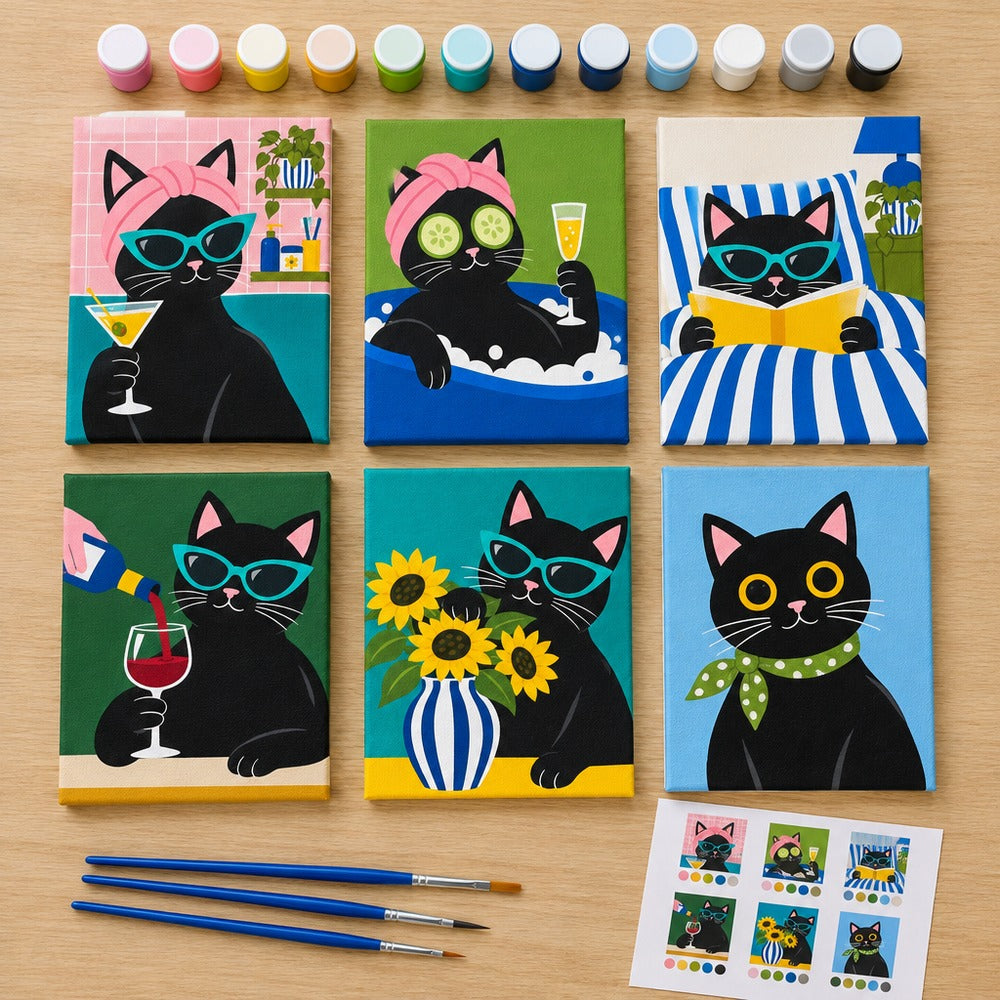 Everything in the Fancy Feline Nights mini painting kit