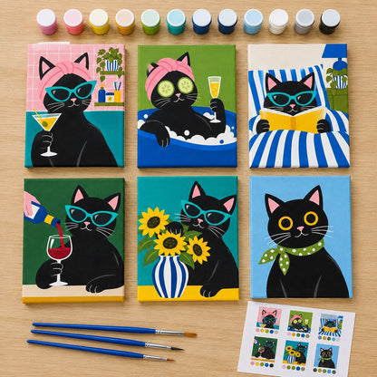 Everything in the Fancy Feline Nights mini painting kit