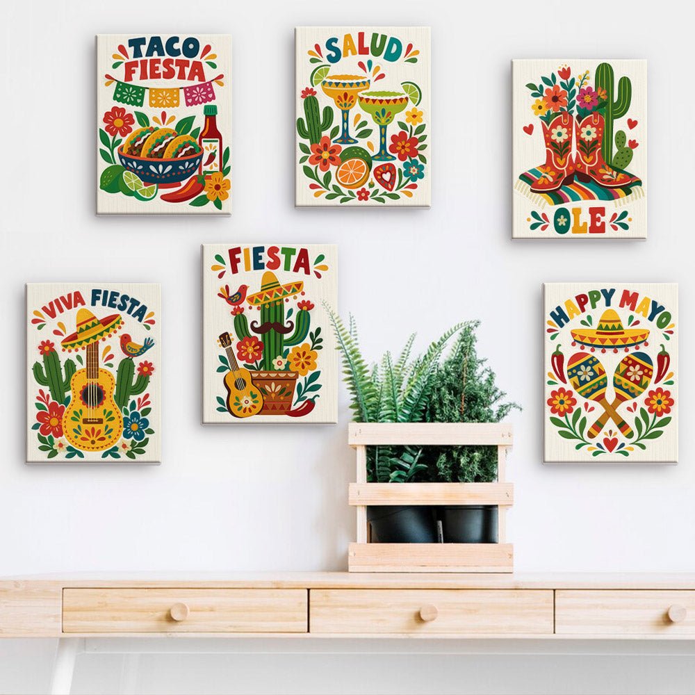 Fiesta Time mini paintings displayed on a wall