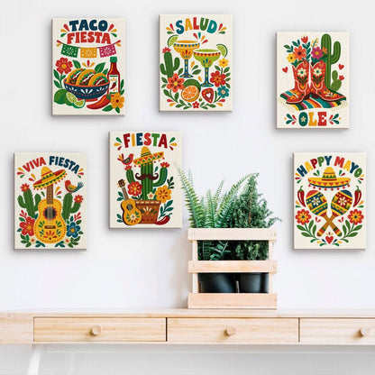 Fiesta Time mini paintings displayed on a wall