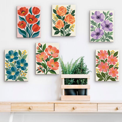 Floral Abundance mini paintings displayed on a wall