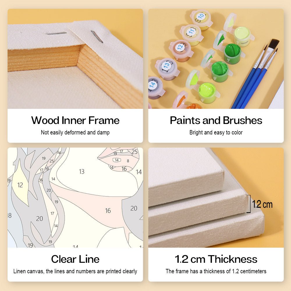 Wood inner frame, paints and brushes, clear lines, 1.2 cm thickness