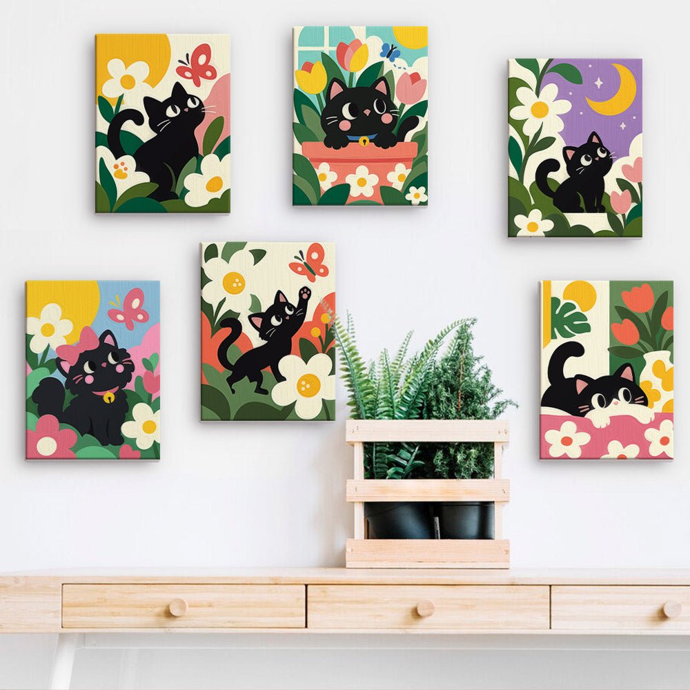 Flower Field Cats mini paintings displayed on a wall