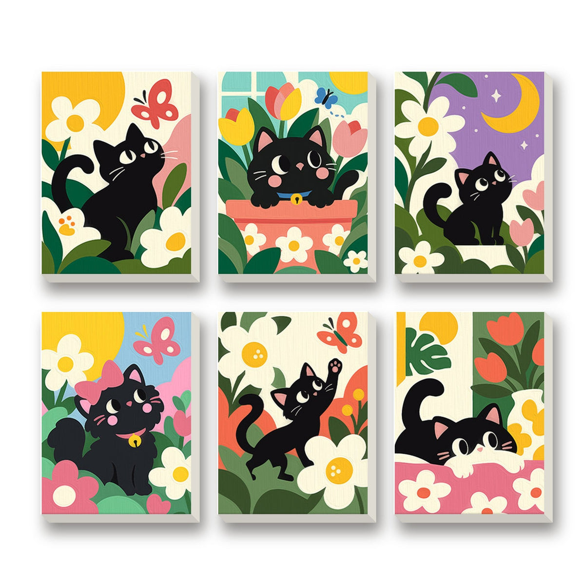 Flower Field Cats – set of 6 mini paint by numbers canvases