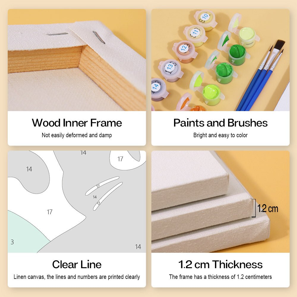 Wood inner frame, paints and brushes, clear lines, 1.2 cm thickness