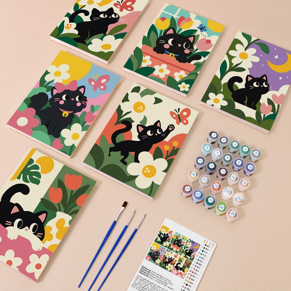Everything in the Flower Field Cats mini painting kit