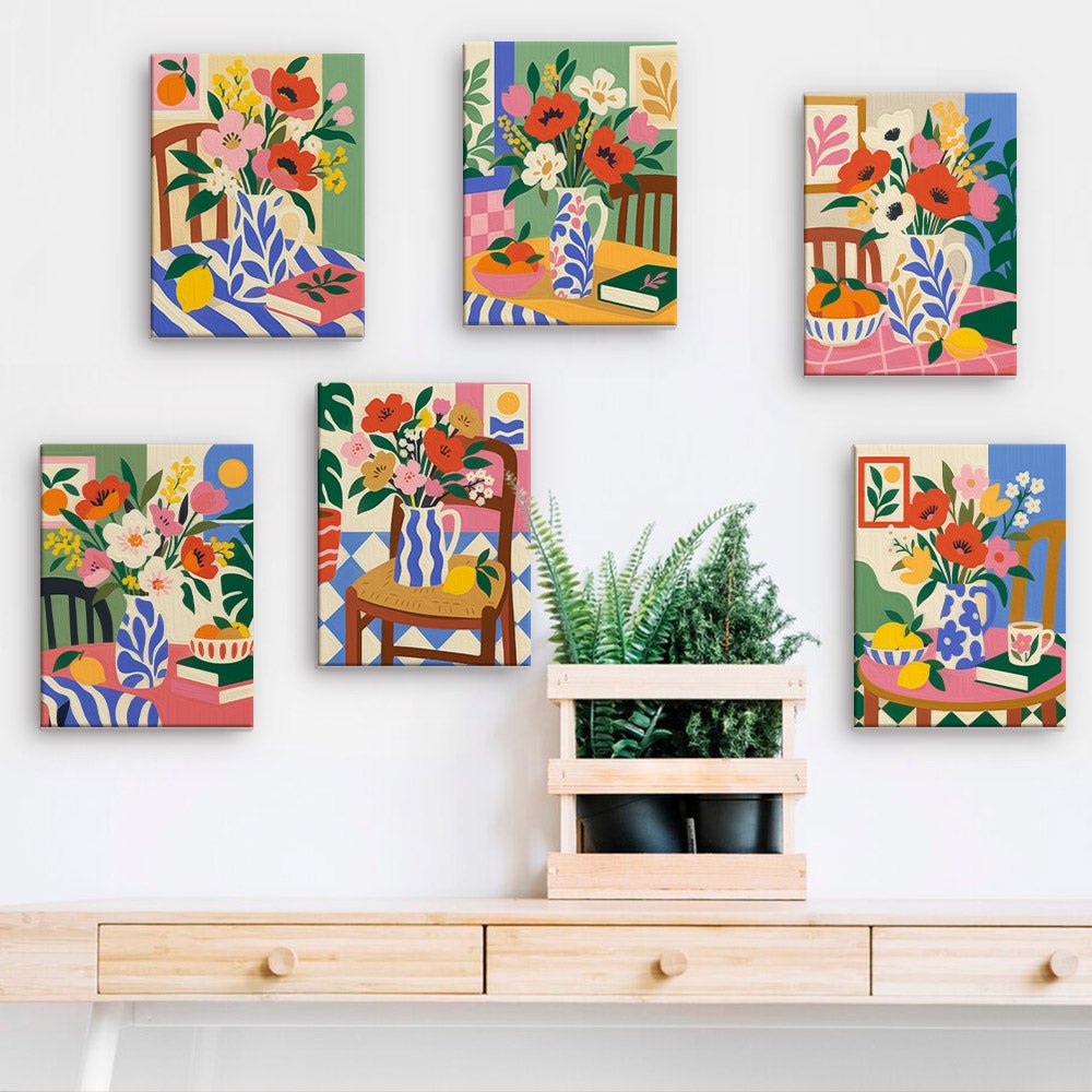Flower Table Feast mini paintings displayed on a wall