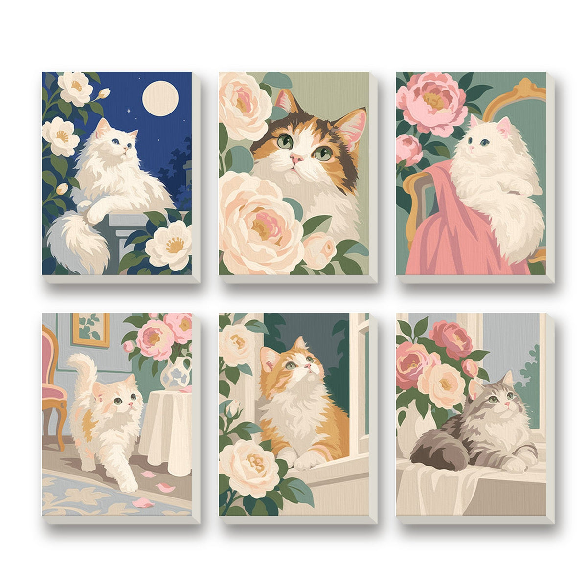 Fluffy Cat Cuddles – set of 6 mini paint by numbers canvases