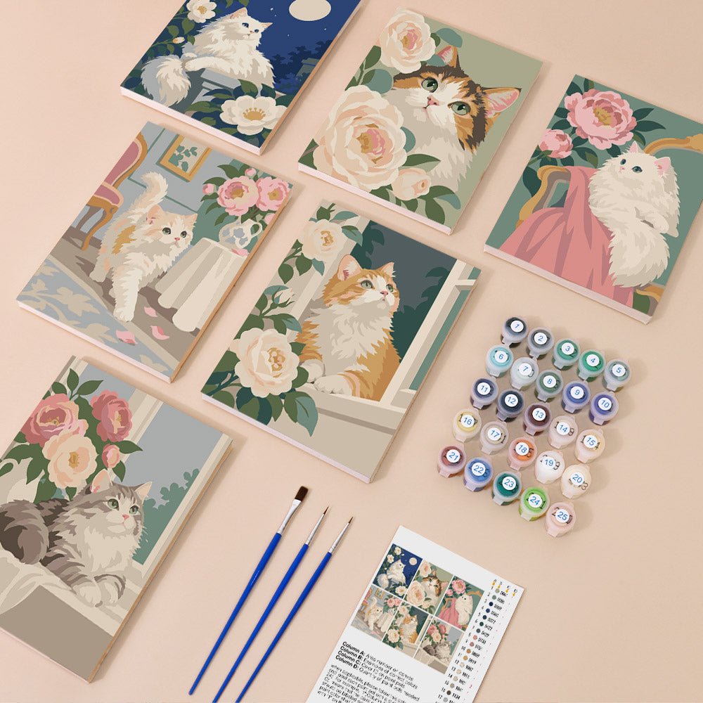 Everything in the Fluffy Cat Cuddles mini painting kit