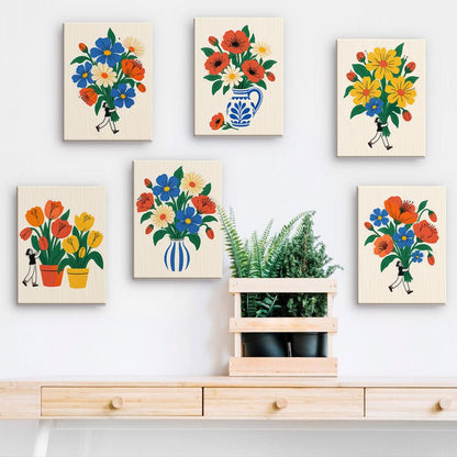 Folk Art Bouquets mini paintings displayed on a wall