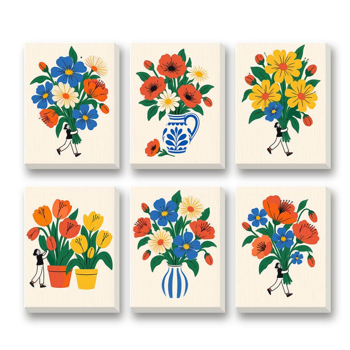 Folk Art Bouquets – set of 6 mini paint by numbers canvases