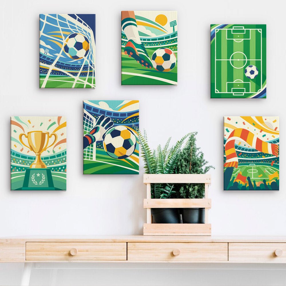 Football Fever mini paintings displayed on a wall