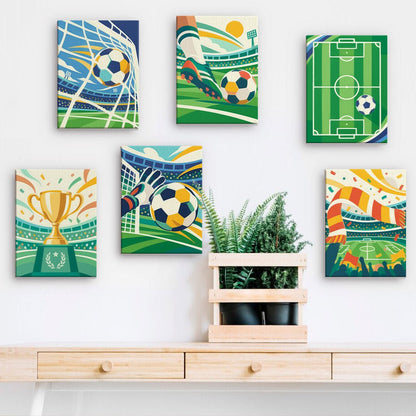 Football Fever mini paintings displayed on a wall