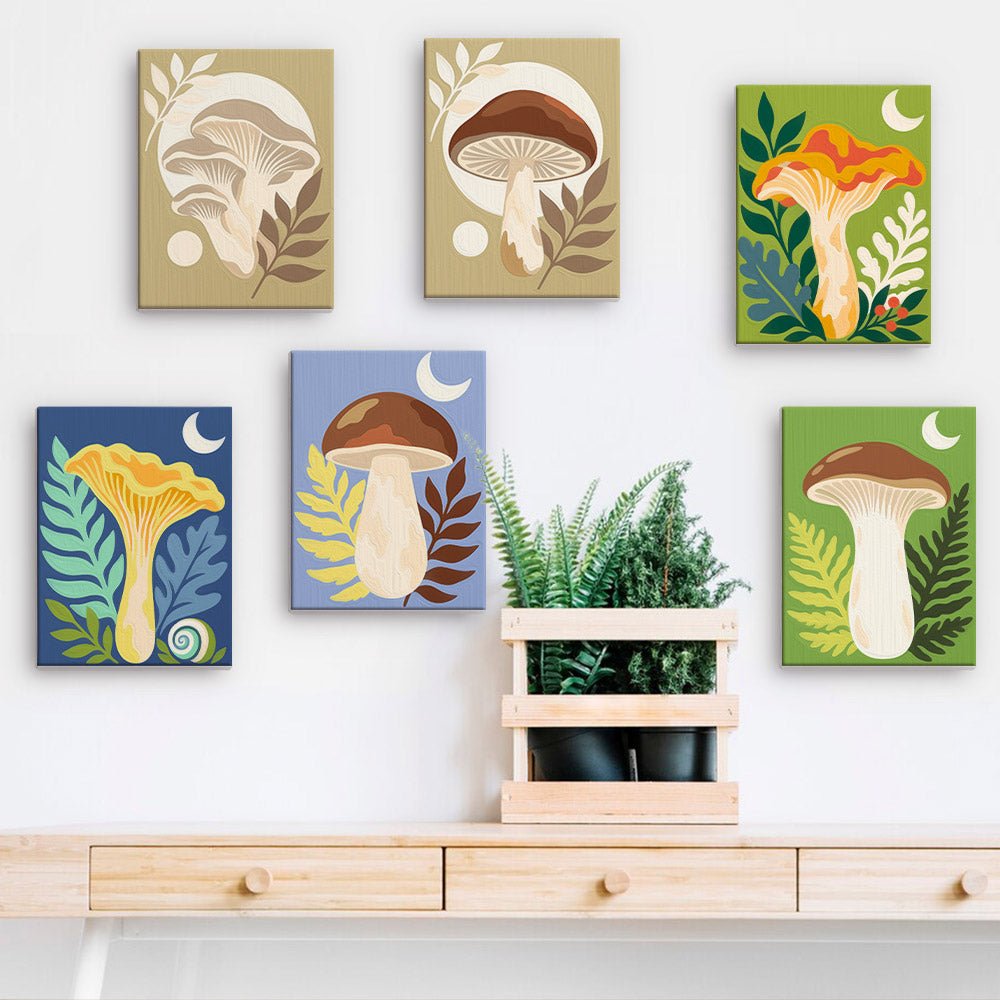 Forest Mushrooms mini paintings displayed on a wall