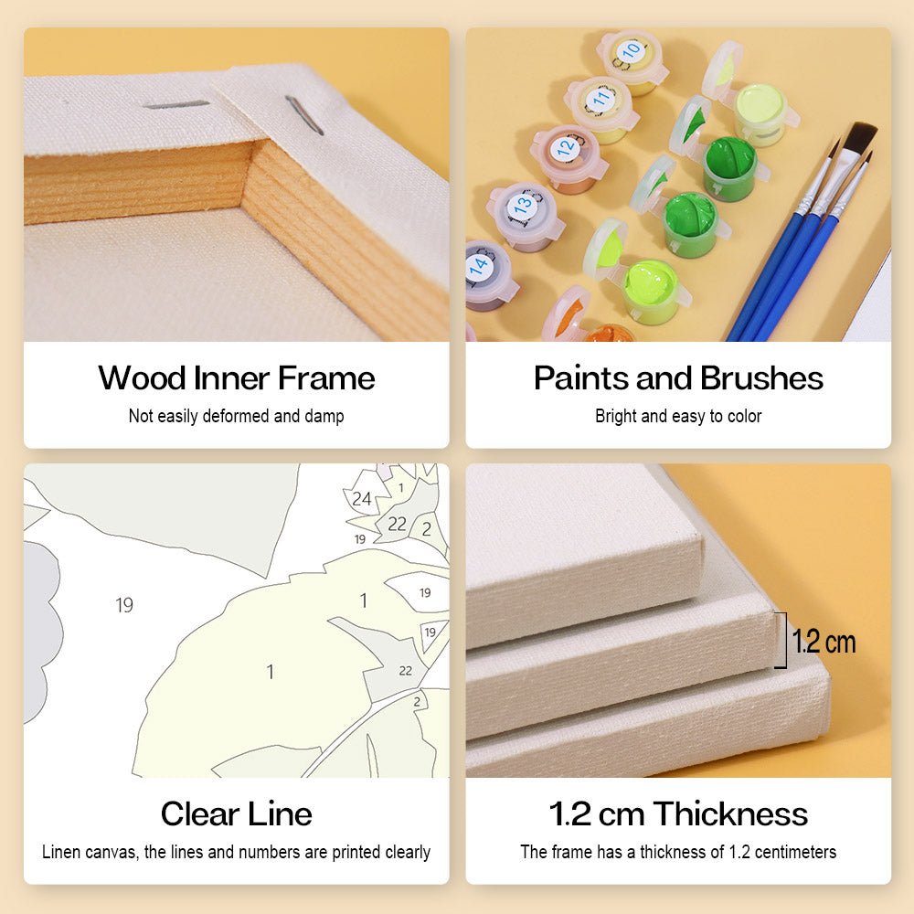Wood inner frame, paints and brushes, clear lines, 1.2 cm thickness