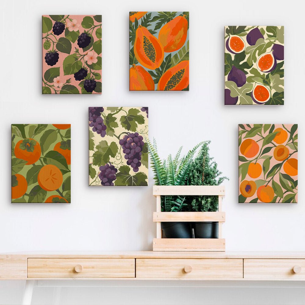 Fruit Garden Patterns mini paintings displayed on a wall