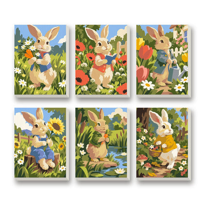 Garden Bunnies – set of 6 mini paint by numbers canvases