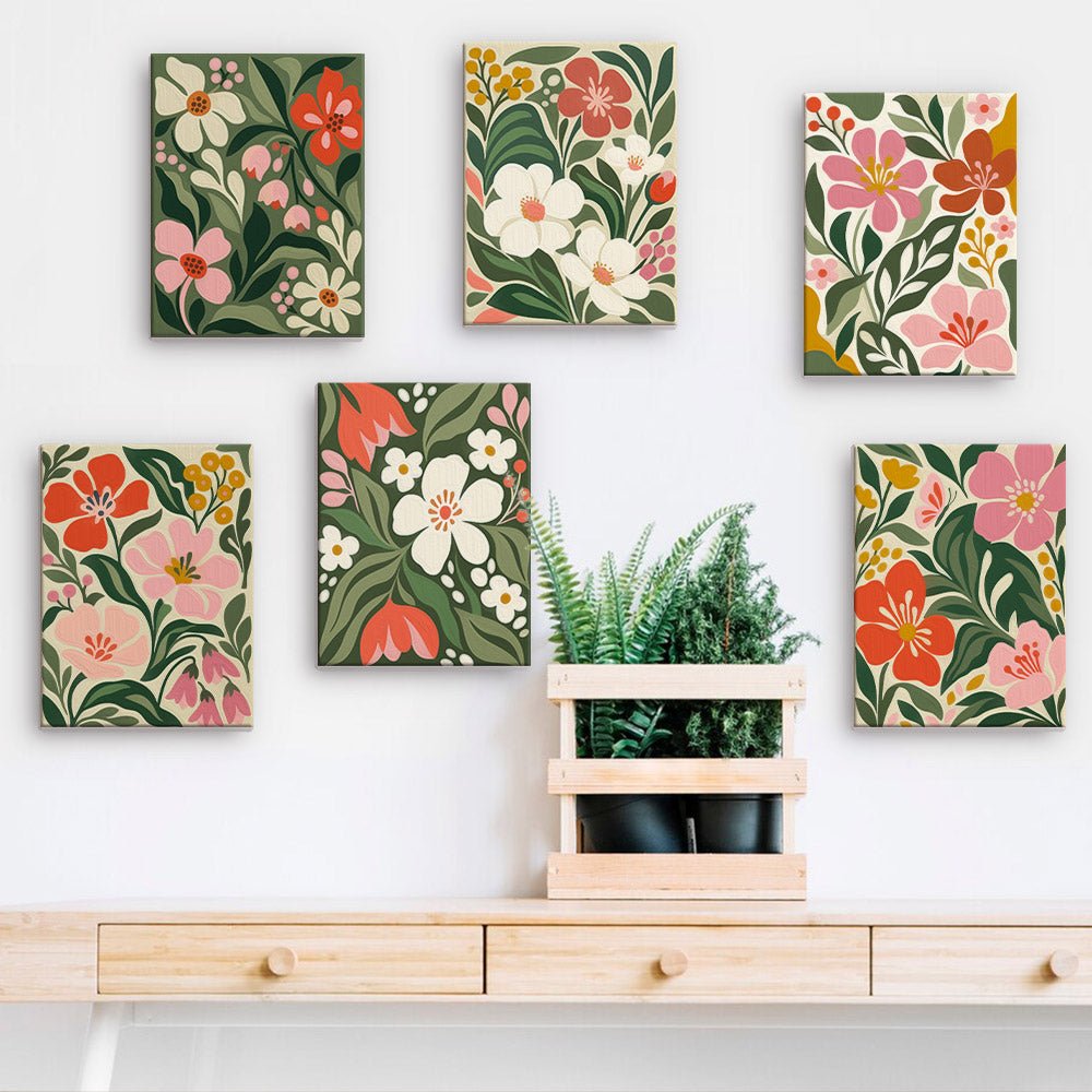 Garden Florals mini paintings displayed on a wall
