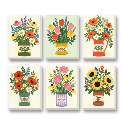 Garden Flower Tins – set of 6 mini paint by numbers canvases