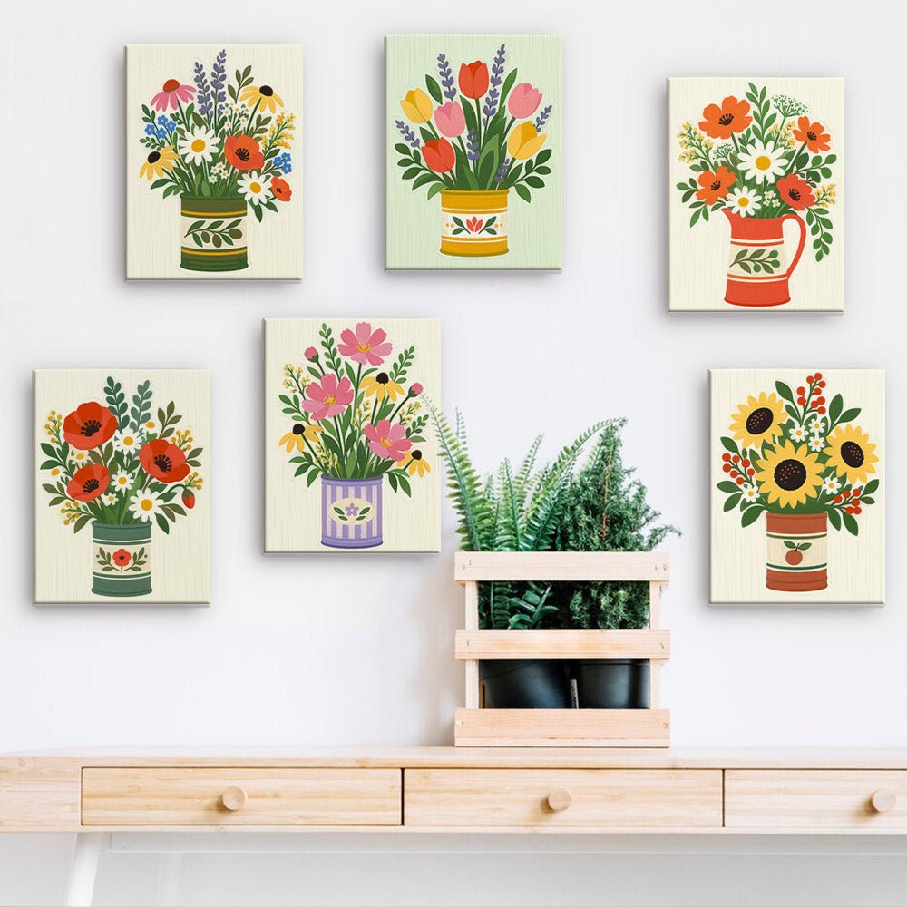 Garden Flower Tins mini paintings displayed on a wall