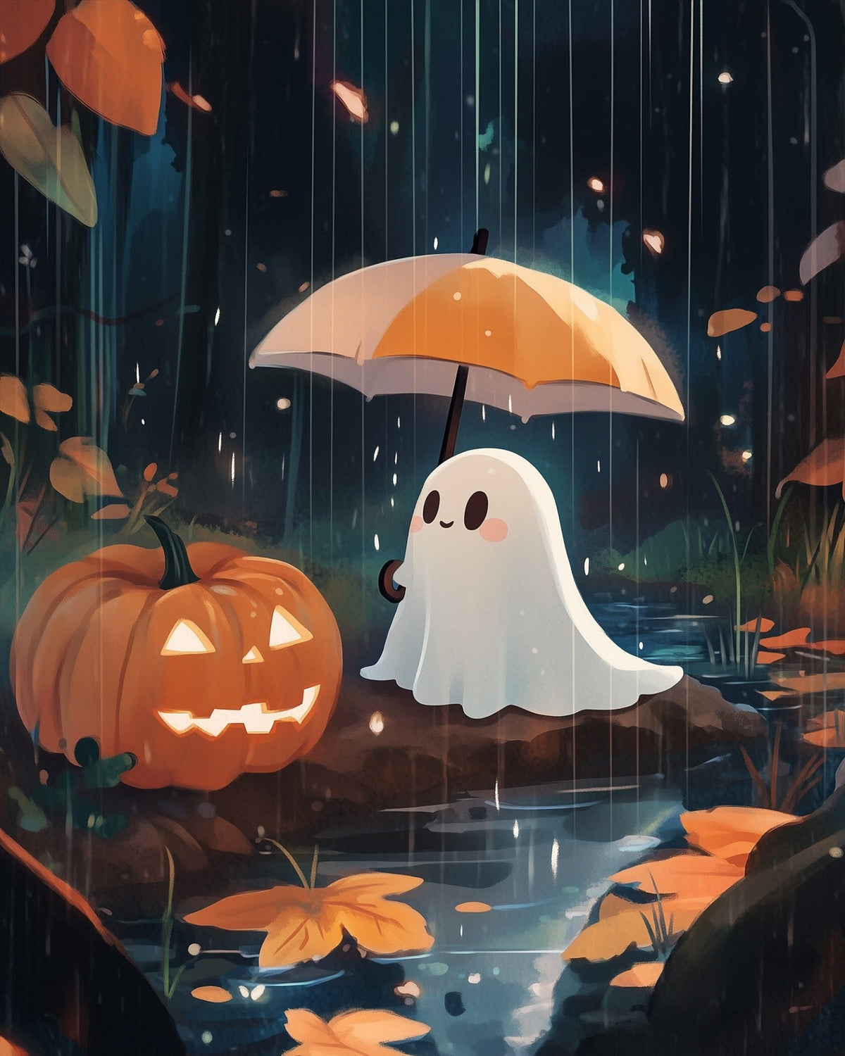 Ghost and Pumpkin in Rain - Halloween - Judy Paint
