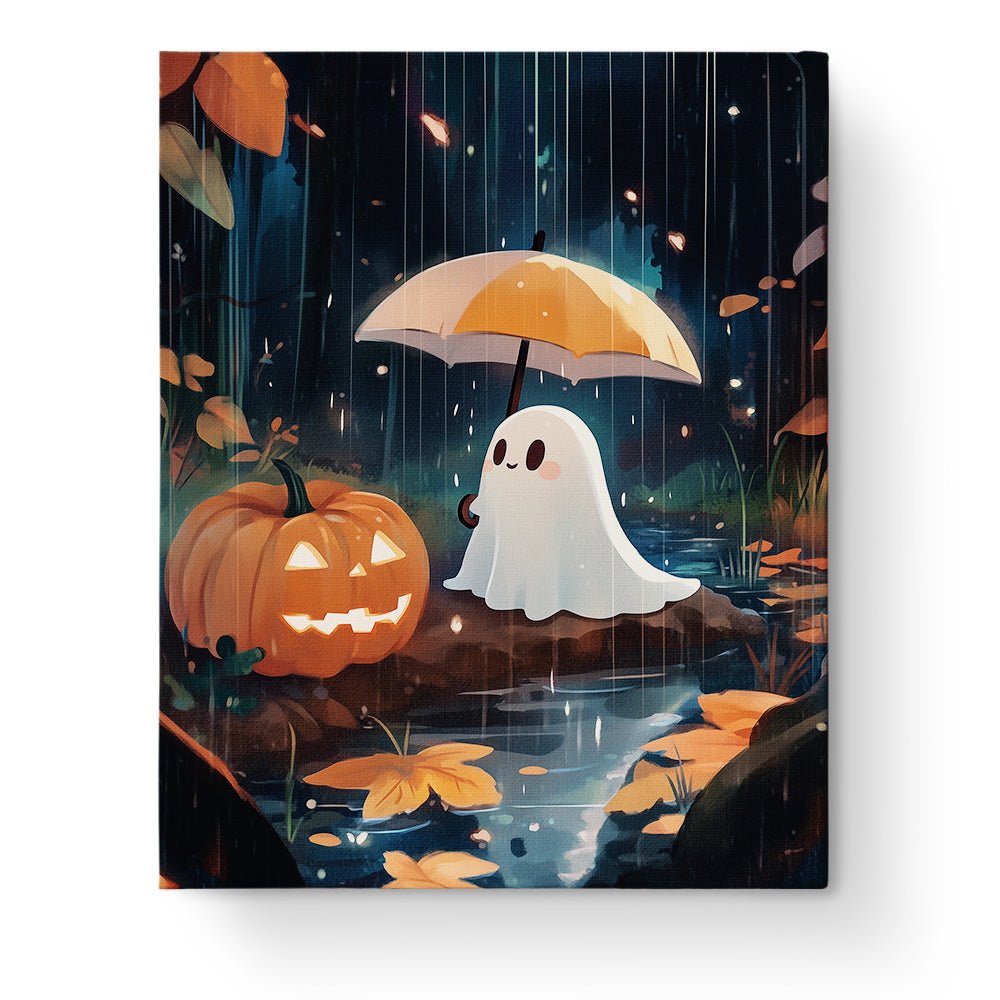 Ghost and Pumpkin in Rain - Halloween - Judy Paint